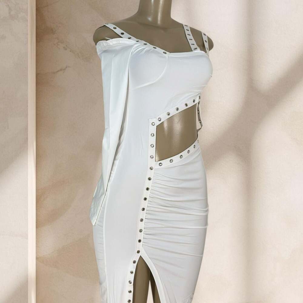White Cutout Midi Dress – One Sleeve Bodycon Stud Detail Side Slit Sexy ✧ S